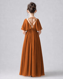 Dideyttawl Junior Bridesmaid Dress with Flutter Sleeves and Chiffon Pleated Skirt
