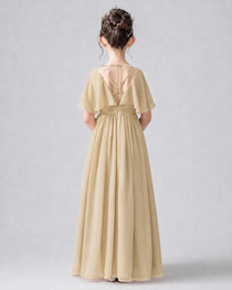 Dideyttawl Junior Bridesmaid Dress with Flutter Sleeves and Chiffon Pleated Skirt