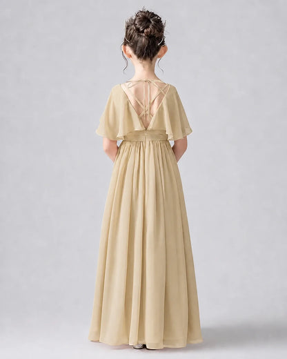 Champagne Chiffon A-line Junior Bridesmaid Dress Back View