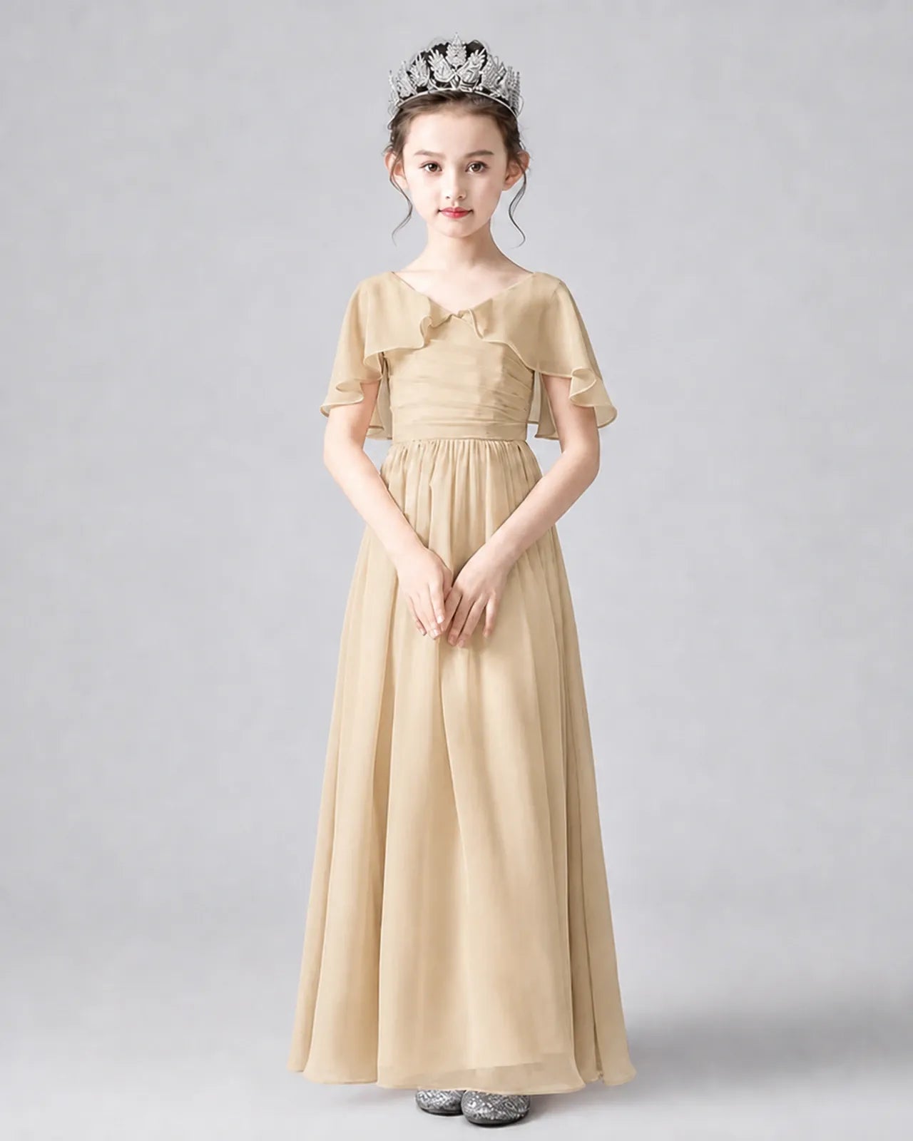 Champagne Chiffon A-line Junior Bridesmaid Dress Front View