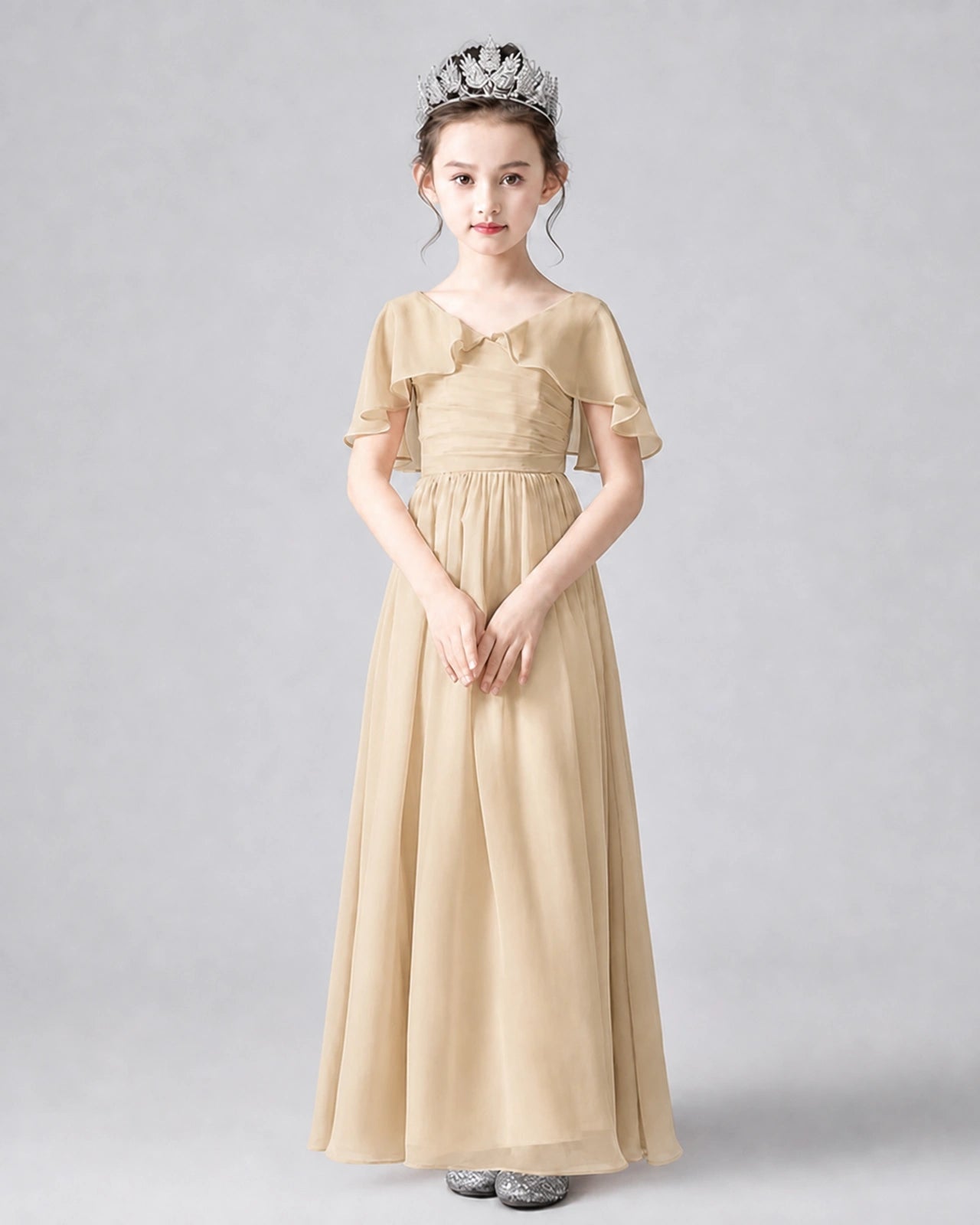 Dideyttawl Junior Bridesmaid Dress with Flutter Sleeves and Chiffon Pleated Skirt