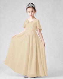 Dideyttawl Junior Bridesmaid Dress with Flutter Sleeves and Chiffon Pleated Skirt