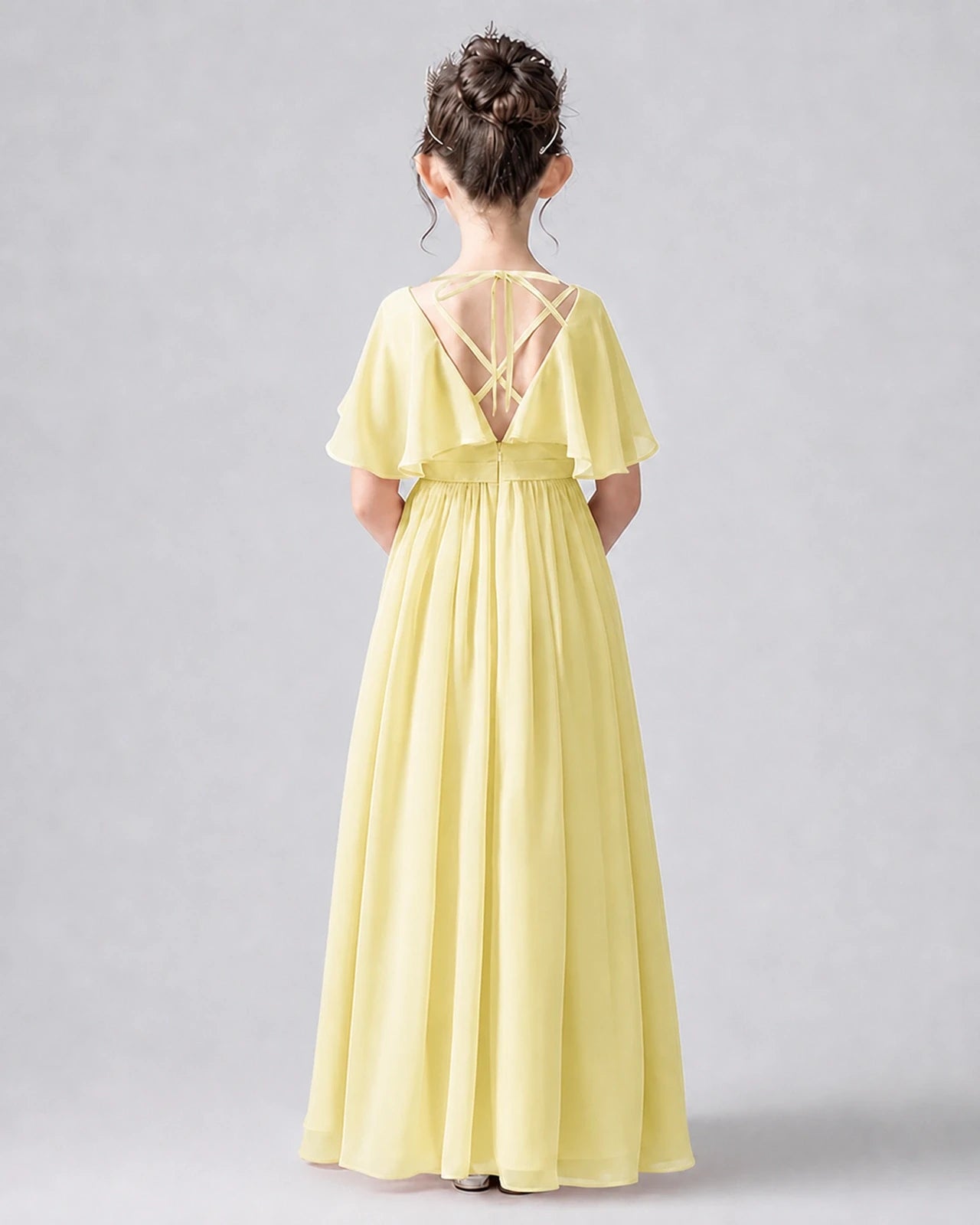 Dideyttawl Junior Bridesmaid Dress with Flutter Sleeves and Chiffon Pleated Skirt