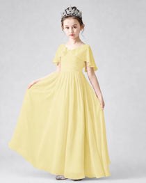 Dideyttawl Junior Bridesmaid Dress with Flutter Sleeves and Chiffon Pleated Skirt