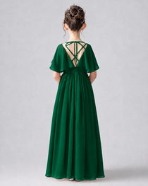 Dideyttawl Junior Bridesmaid Dress with Flutter Sleeves and Chiffon Pleated Skirt