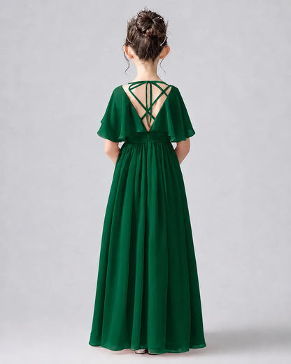 Dark Green Chiffon A-line Junior Bridesmaid Dress Back View