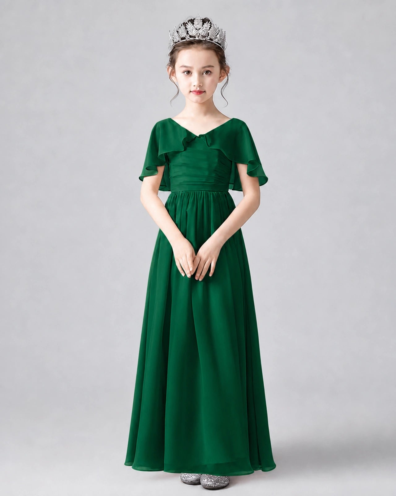Dideyttawl Junior Bridesmaid Dress with Flutter Sleeves and Chiffon Pleated Skirt