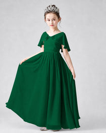 Dideyttawl Junior Bridesmaid Dress with Flutter Sleeves and Chiffon Pleated Skirt