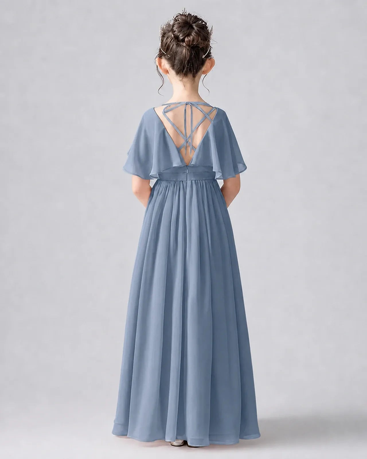 Dusty Blue Chiffon A-line Junior Bridesmaid Dress Back View