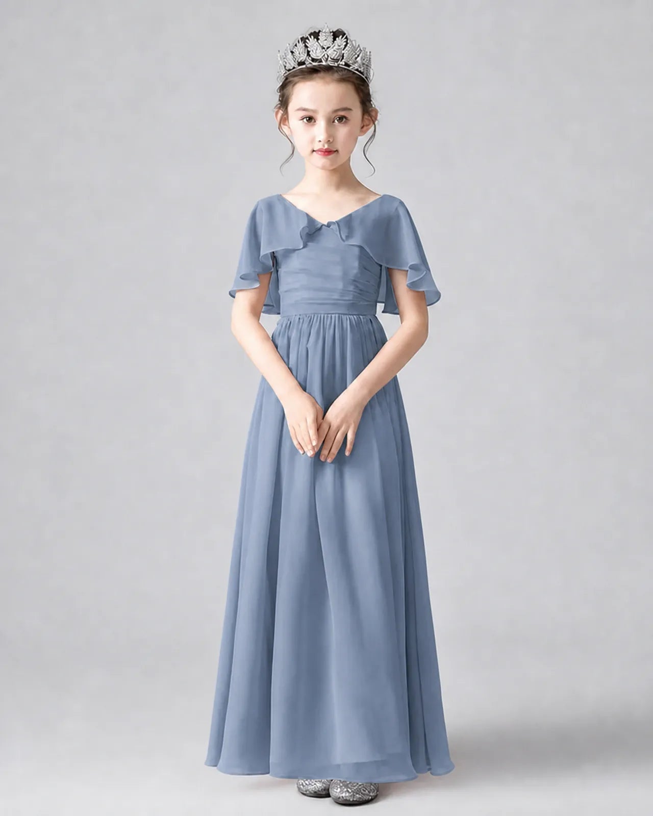 Dusty Blue Chiffon A-line Junior Bridesmaid Dress Front View