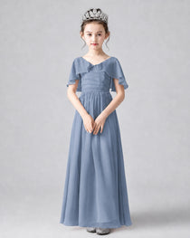 Dideyttawl Junior Bridesmaid Dress with Flutter Sleeves and Chiffon Pleated Skirt