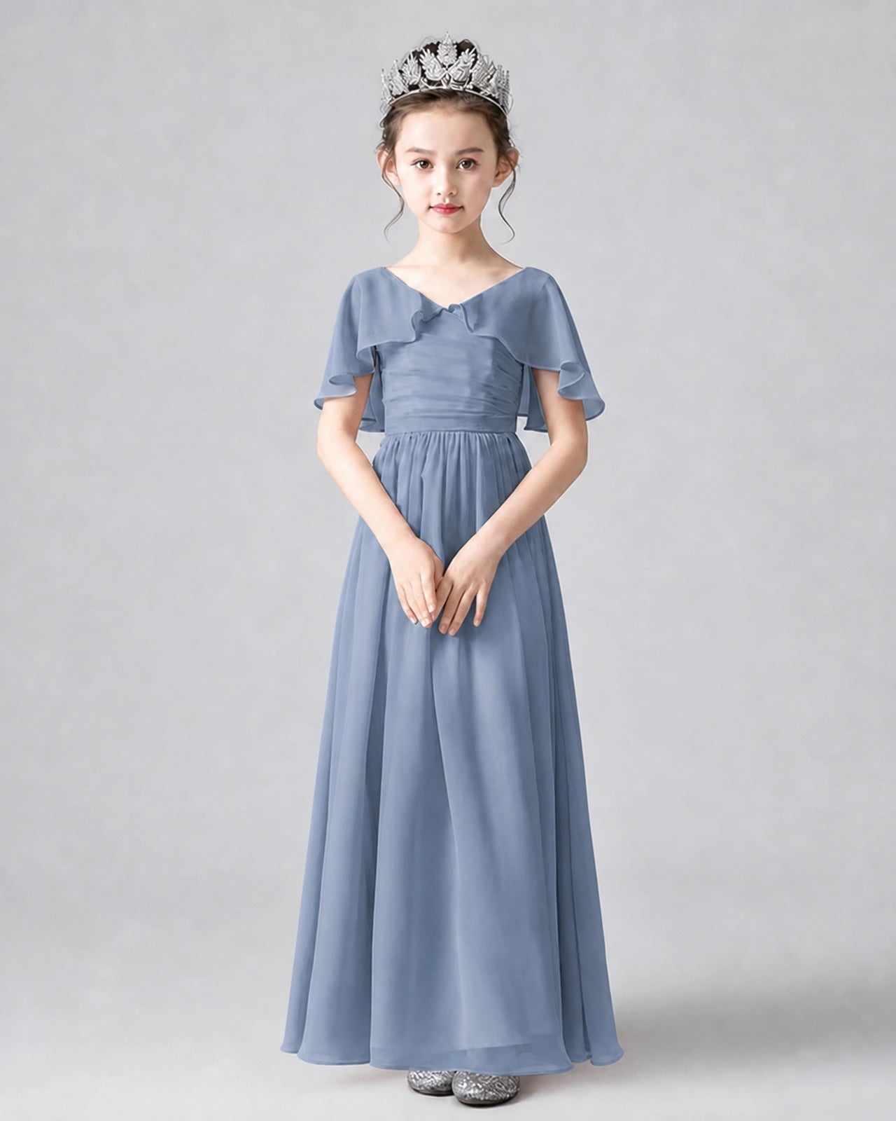 Dideyttawl Junior Bridesmaid Dress with Flutter Sleeves and Chiffon Pleated Skirt