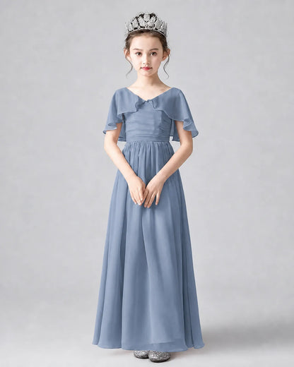 Dusty Blue Chiffon A-line Junior Bridesmaid Dress Front View