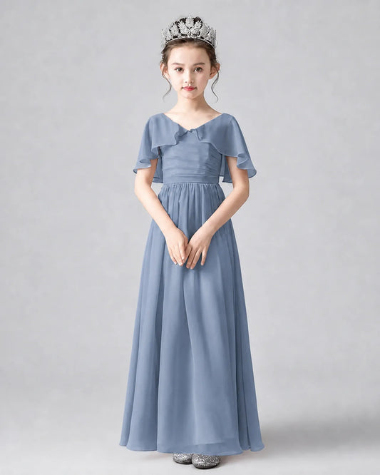 Dusty Blue Chiffon A-line Junior Bridesmaid Dress Front View