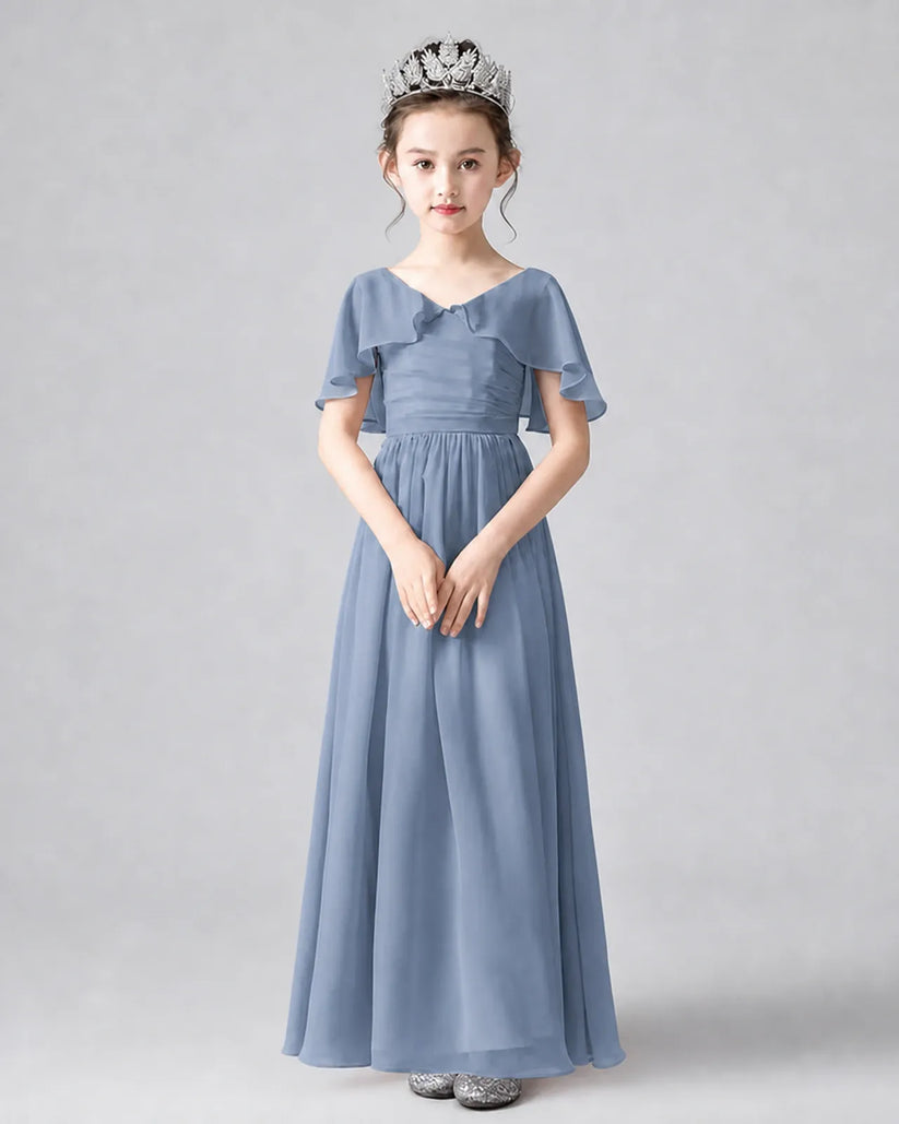 Dusty Blue Chiffon A-line Junior Bridesmaid Dress Front View