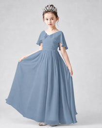 Dideyttawl Junior Bridesmaid Dress with Flutter Sleeves and Chiffon Pleated Skirt