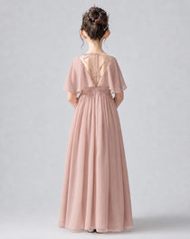 Dideyttawl Junior Bridesmaid Dress with Flutter Sleeves and Chiffon Pleated Skirt