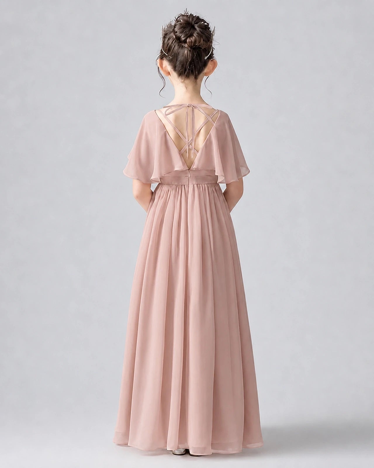 Dideyttawl Junior Bridesmaid Dress with Flutter Sleeves and Chiffon Pleated Skirt