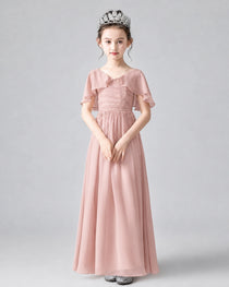 Dideyttawl Junior Bridesmaid Dress with Flutter Sleeves and Chiffon Pleated Skirt