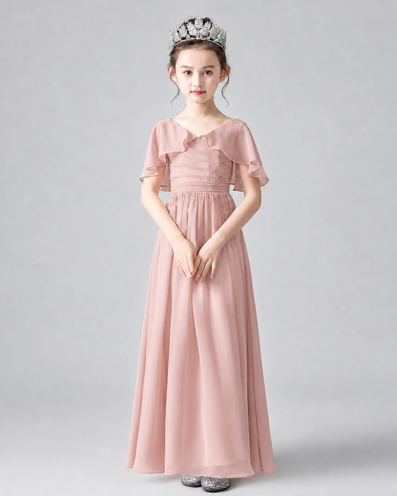 Dideyttawl Junior Bridesmaid Dress with Flutter Sleeves and Chiffon Pleated Skirt