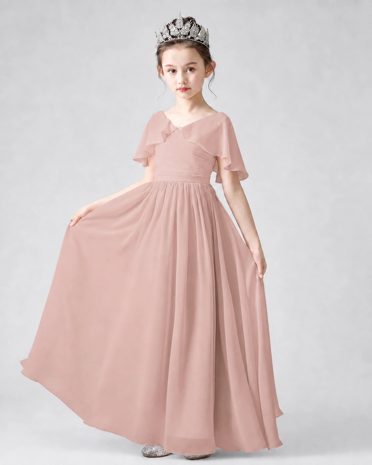 Dideyttawl Junior Bridesmaid Dress with Flutter Sleeves and Chiffon Pleated Skirt