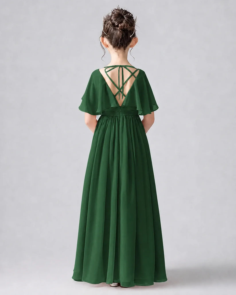 Emerald Green Chiffon A-line Junior Bridesmaid Dress Back View