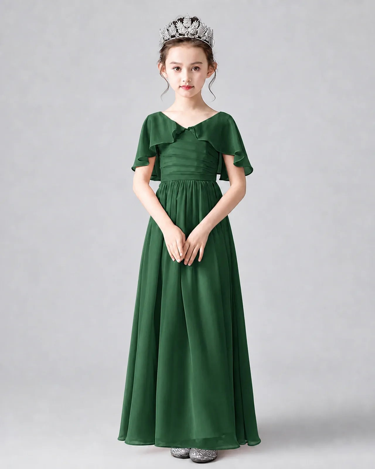 Emerald Green Chiffon A-line Junior Bridesmaid Dress Front View