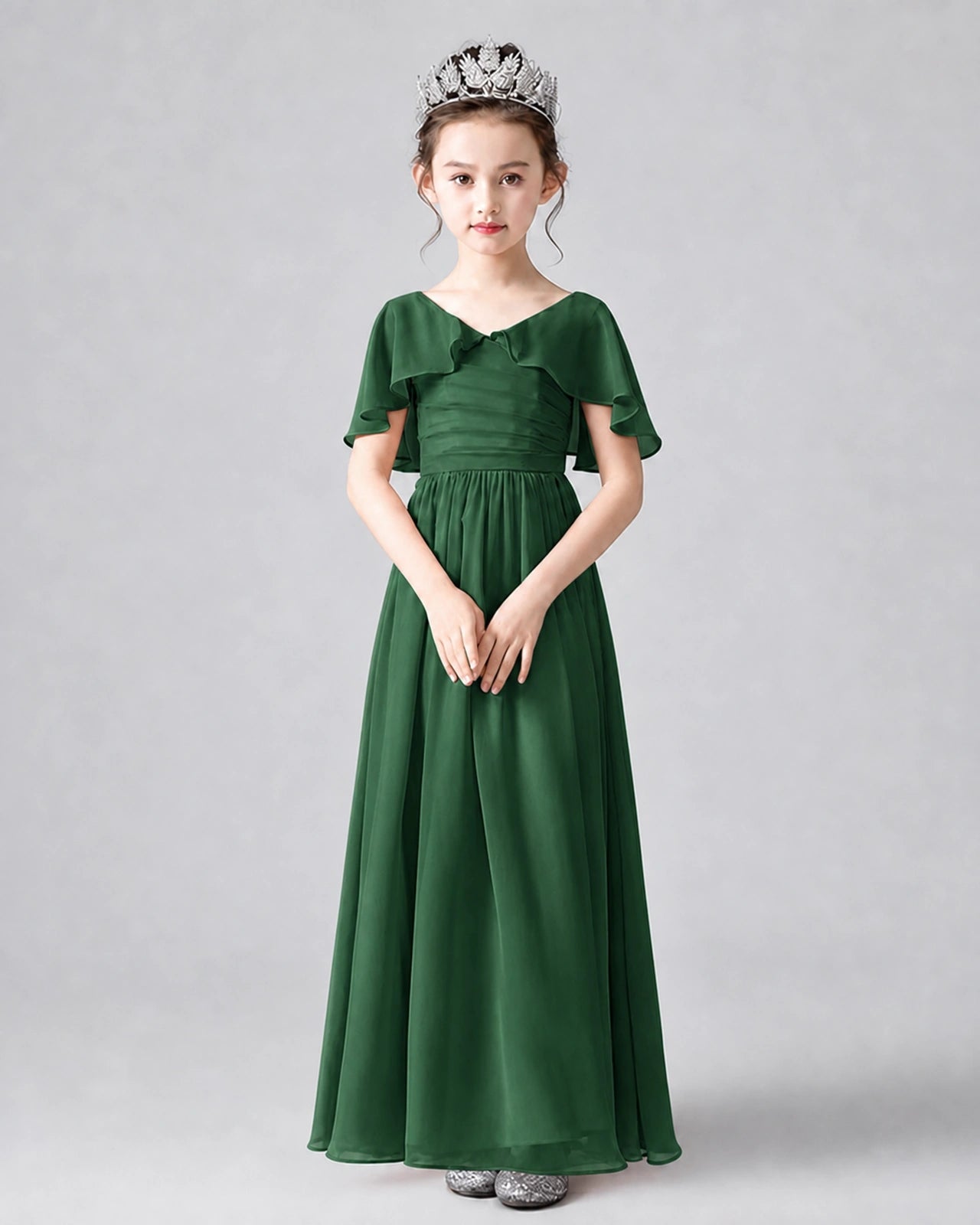 Dideyttawl Junior Bridesmaid Dress with Flutter Sleeves and Chiffon Pleated Skirt