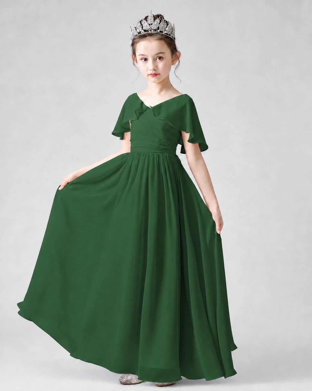Dideyttawl Junior Bridesmaid Dress with Flutter Sleeves and Chiffon Pleated Skirt