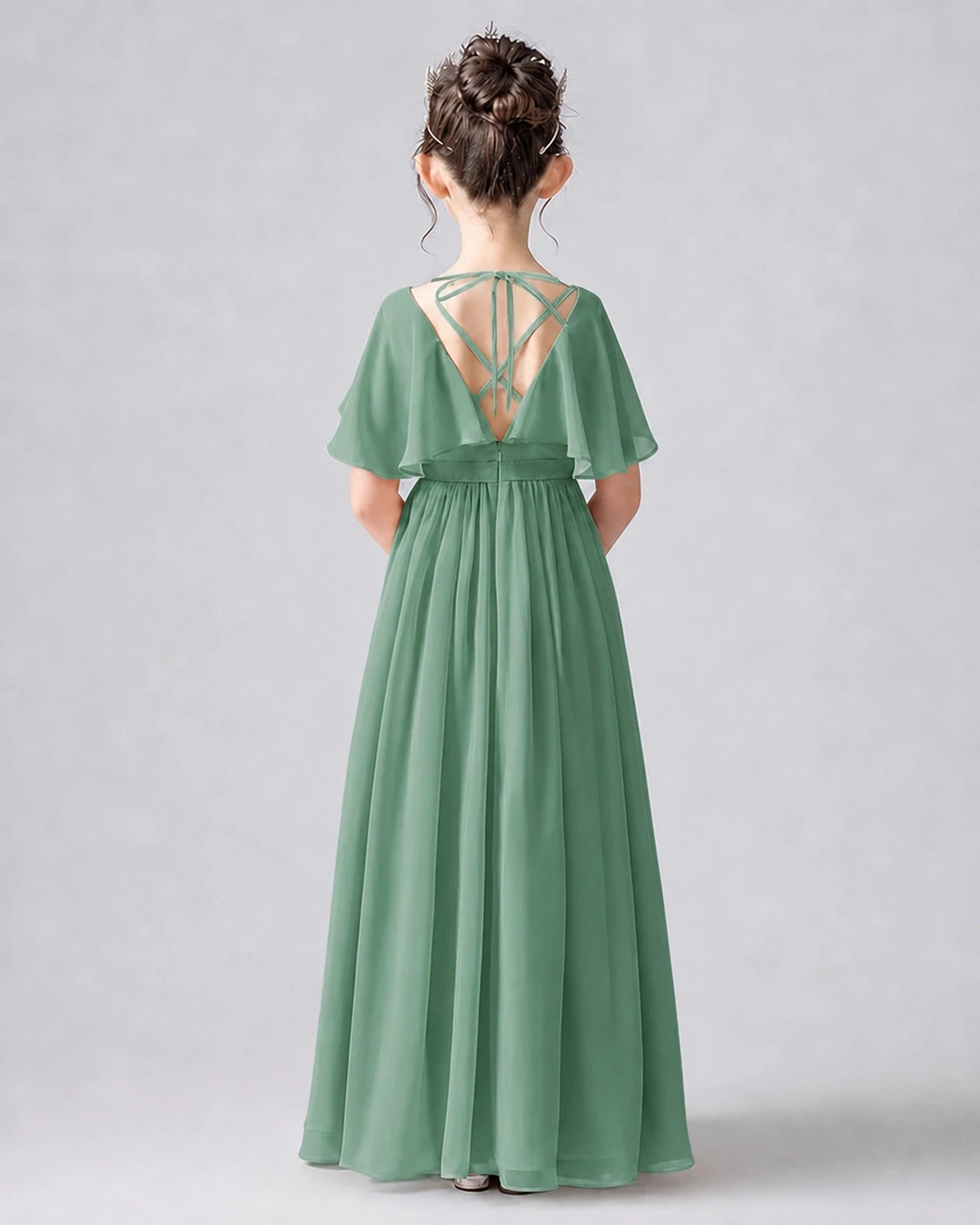 Dideyttawl Junior Bridesmaid Dress with Flutter Sleeves and Chiffon Pleated Skirt