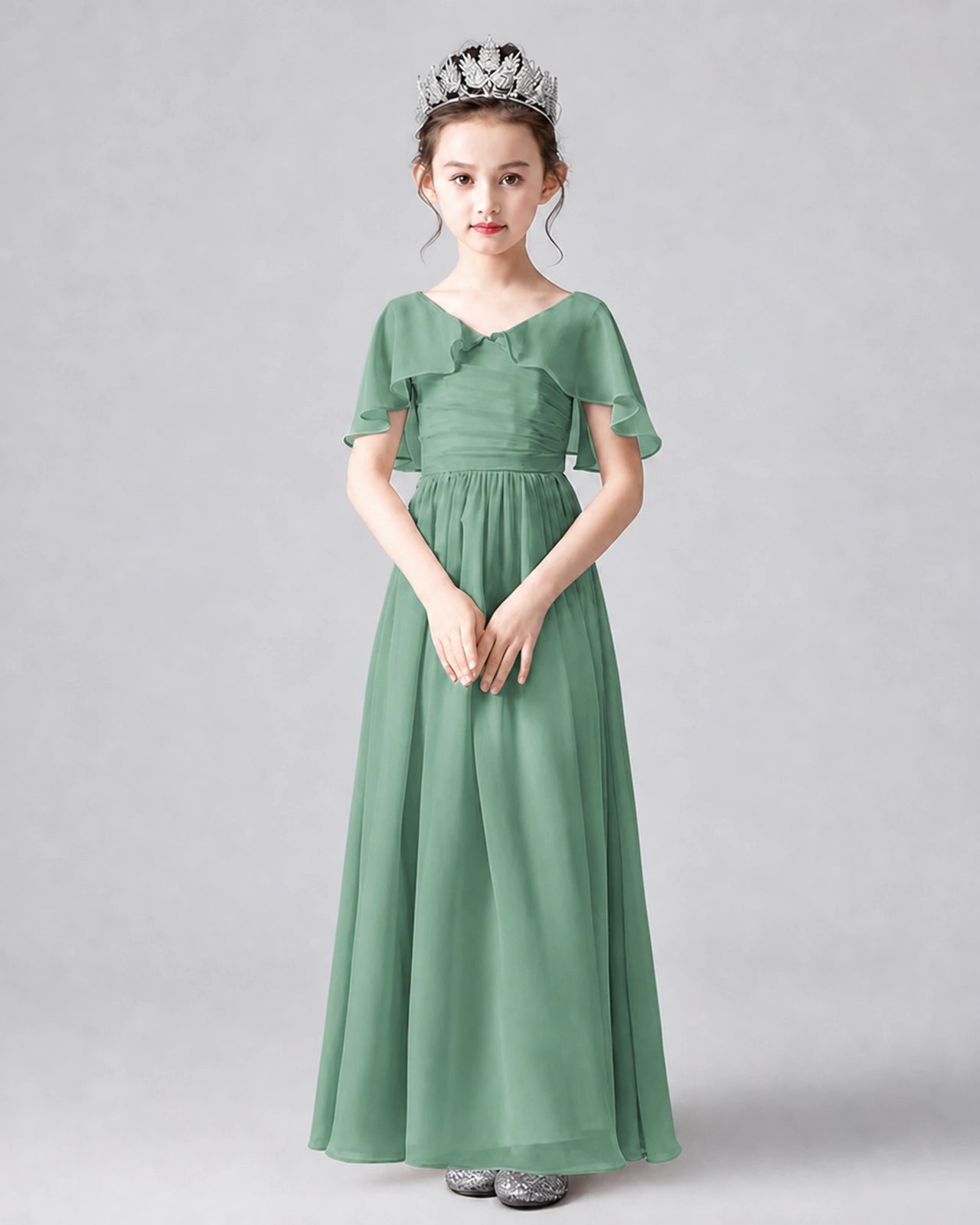 Dideyttawl Junior Bridesmaid Dress with Flutter Sleeves and Chiffon Pleated Skirt