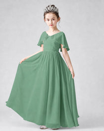 Dideyttawl Junior Bridesmaid Dress with Flutter Sleeves and Chiffon Pleated Skirt