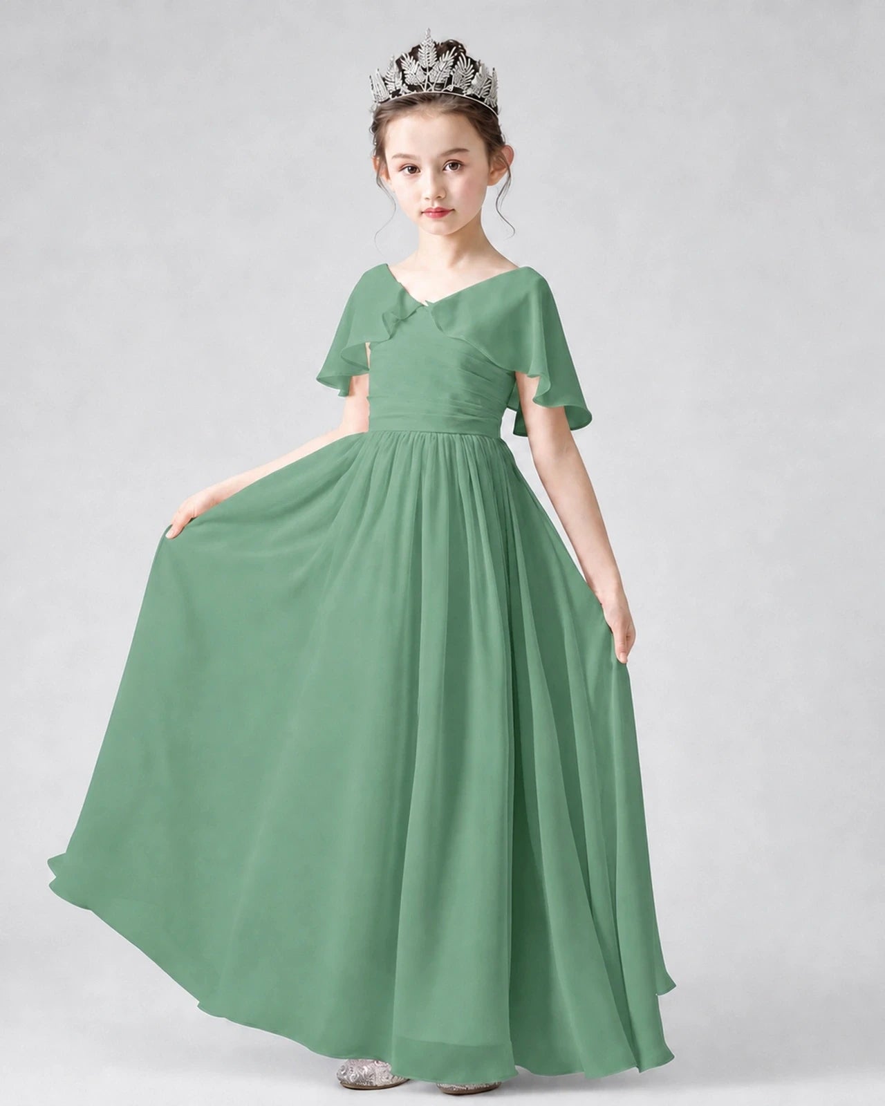 Dideyttawl Junior Bridesmaid Dress with Flutter Sleeves and Chiffon Pleated Skirt