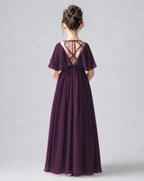 Grape Chiffon A-line Junior Bridesmaid Dress Back View