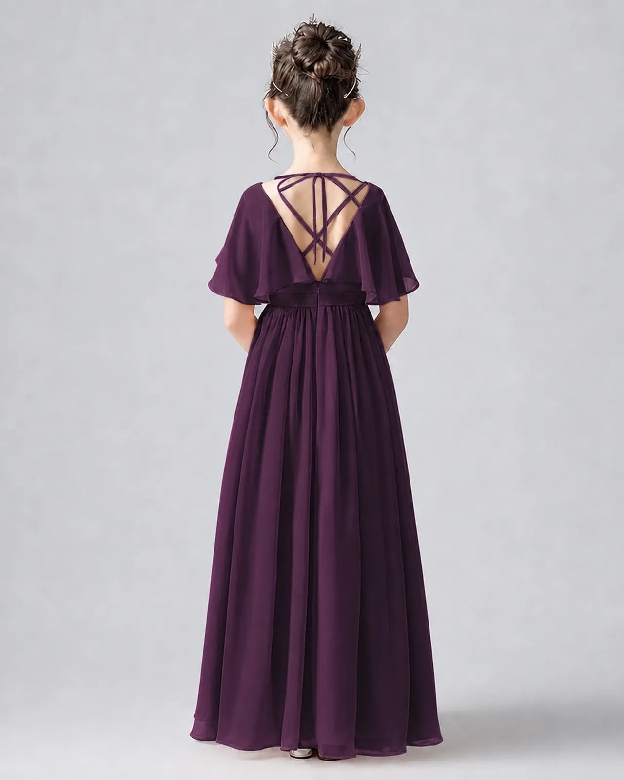 Grape Chiffon A-line Junior Bridesmaid Dress Back View