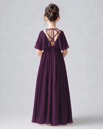 Dideyttawl Junior Bridesmaid Dress with Flutter Sleeves and Chiffon Pleated Skirt