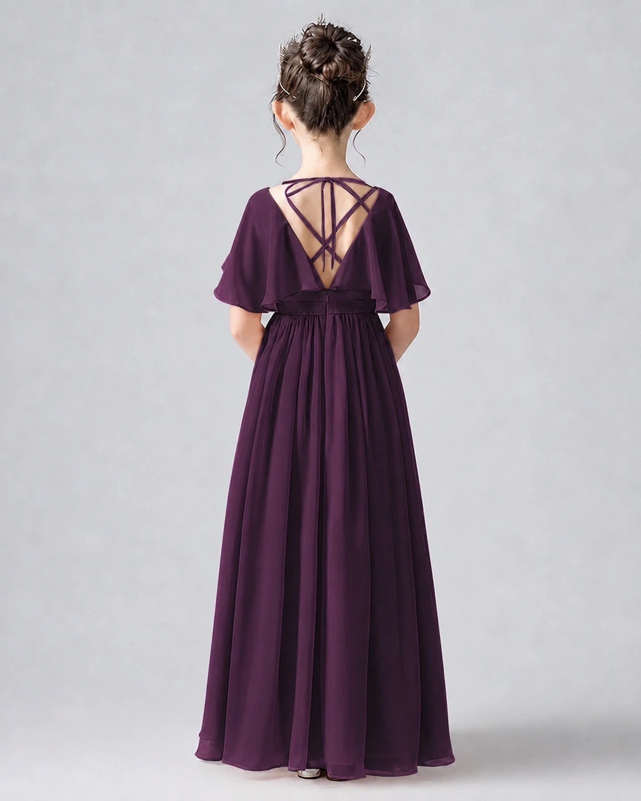 Dideyttawl Junior Bridesmaid Dress with Flutter Sleeves and Chiffon Pleated Skirt
