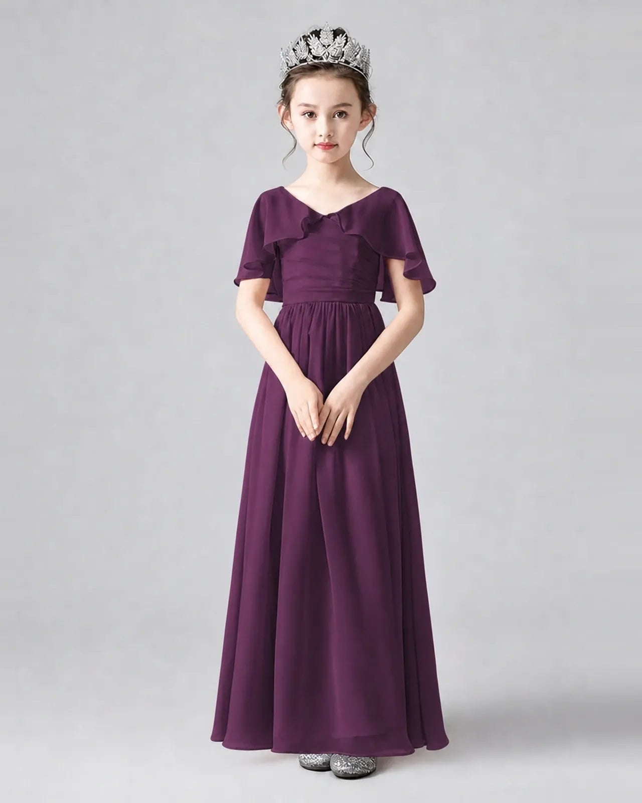 Grape Chiffon A-line Junior Bridesmaid Dress Front View