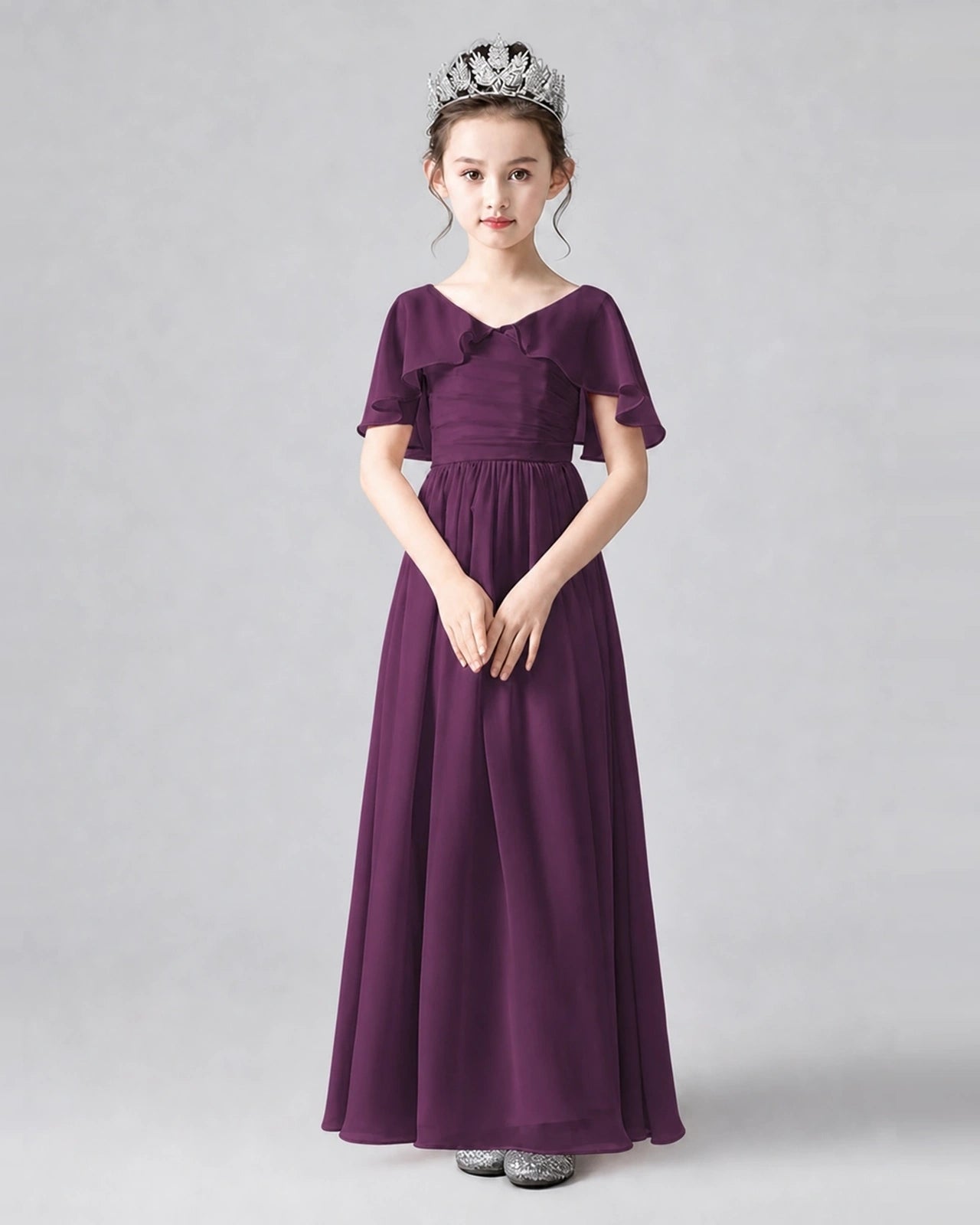 Dideyttawl Junior Bridesmaid Dress with Flutter Sleeves and Chiffon Pleated Skirt