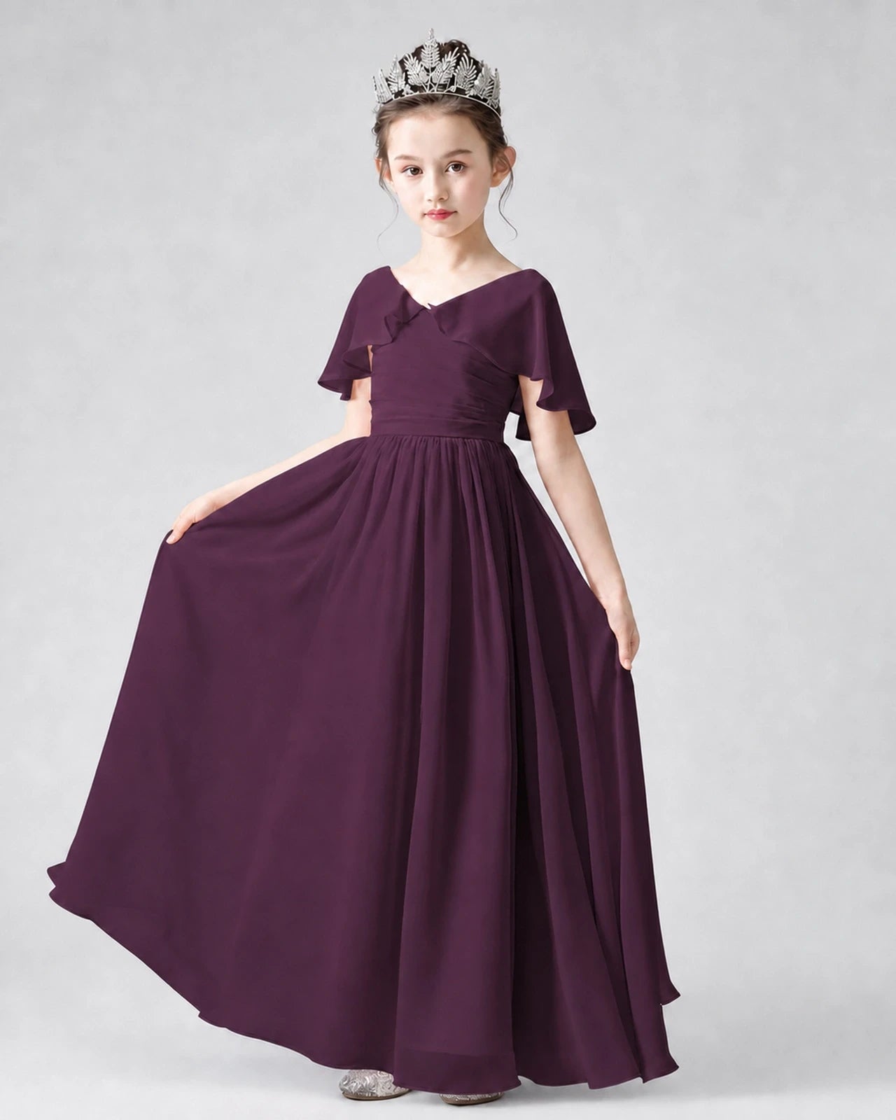 Dideyttawl Junior Bridesmaid Dress with Flutter Sleeves and Chiffon Pleated Skirt