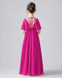 Dideyttawl Junior Bridesmaid Dress with Flutter Sleeves and Chiffon Pleated Skirt
