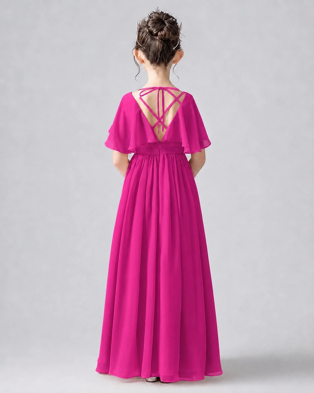 Dideyttawl Junior Bridesmaid Dress with Flutter Sleeves and Chiffon Pleated Skirt