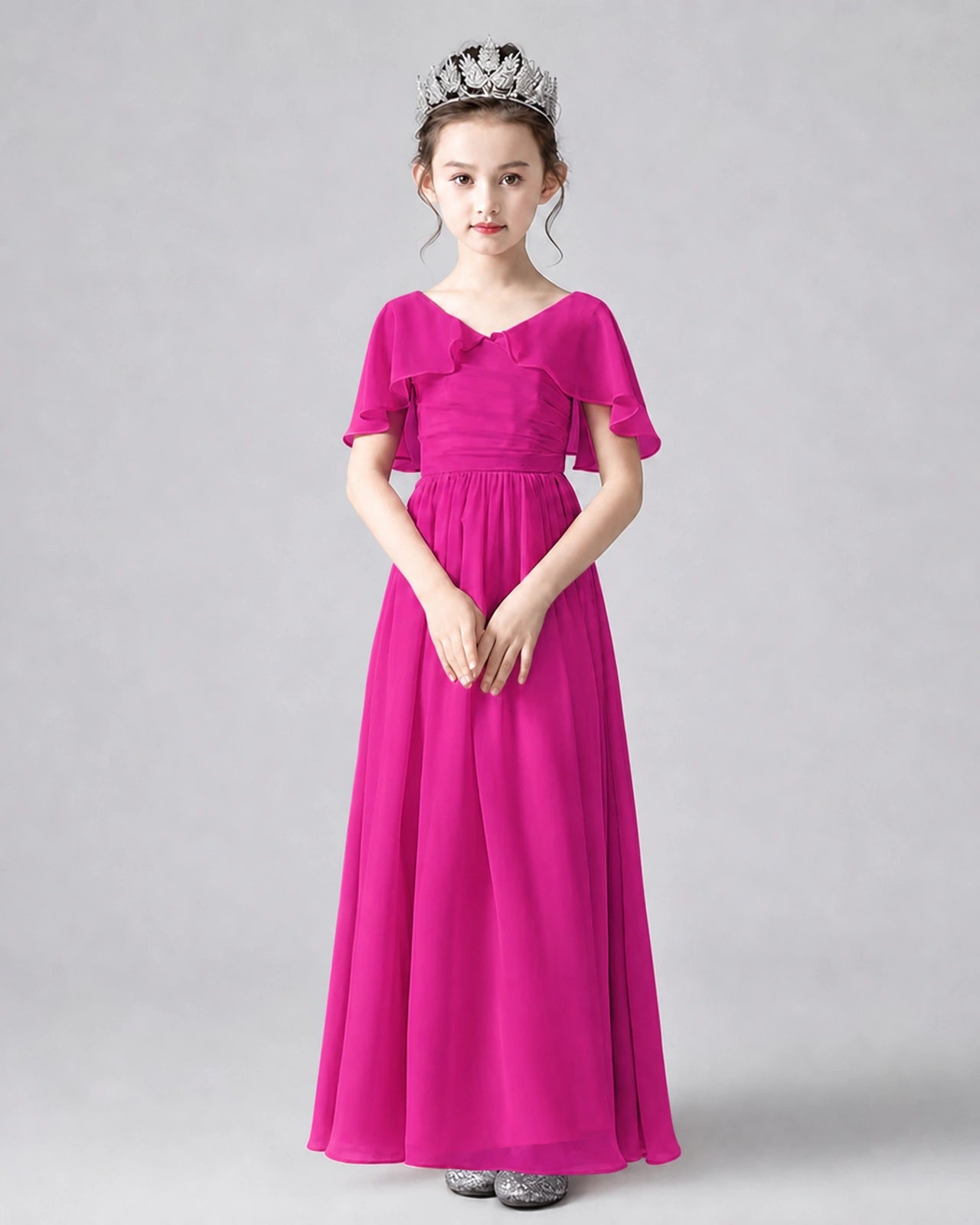 Dideyttawl Junior Bridesmaid Dress with Flutter Sleeves and Chiffon Pleated Skirt