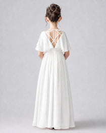 Dideyttawl Junior Bridesmaid Dress with Flutter Sleeves and Chiffon Pleated Skirt