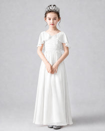 Dideyttawl Junior Bridesmaid Dress with Flutter Sleeves and Chiffon Pleated Skirt