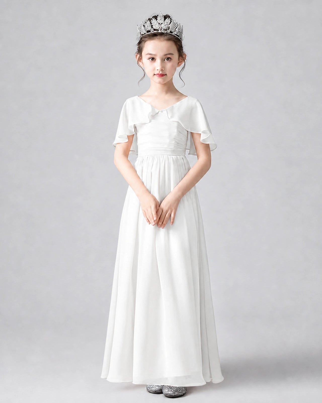 Dideyttawl Junior Bridesmaid Dress with Flutter Sleeves and Chiffon Pleated Skirt