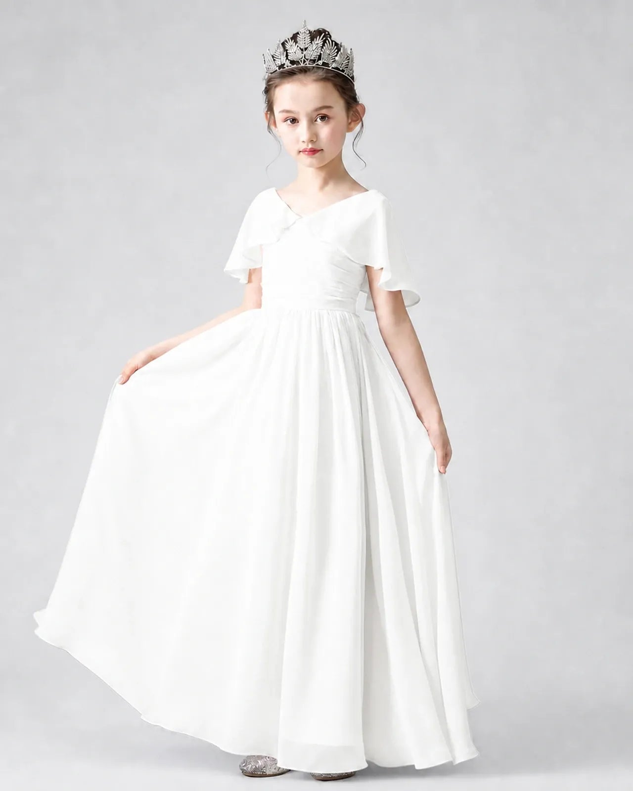 Ivory Chiffon A-line Junior Bridesmaid Dress Front View
