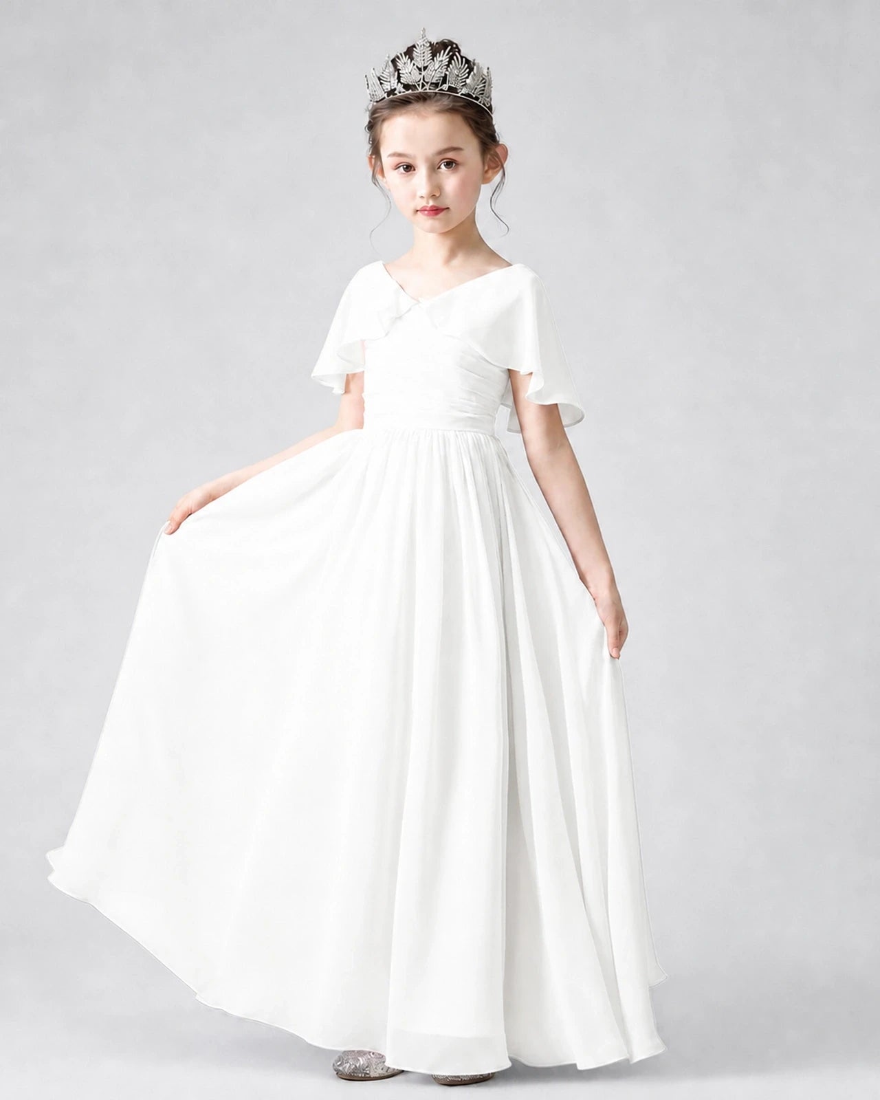 Dideyttawl Junior Bridesmaid Dress with Flutter Sleeves and Chiffon Pleated Skirt