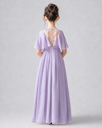 Dideyttawl Junior Bridesmaid Dress with Flutter Sleeves and Chiffon Pleated Skirt