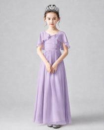 Dideyttawl Junior Bridesmaid Dress with Flutter Sleeves and Chiffon Pleated Skirt